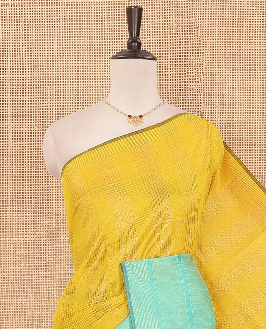 Yellow Semi-Dupion Saree Subtly Sparkled Zari Polka Dot and Horizontal Stripes All Over Its Body, Complemented by Contrast Zari Border, Pallu of Zari Stripes, and Paired with a Contrast Blouse