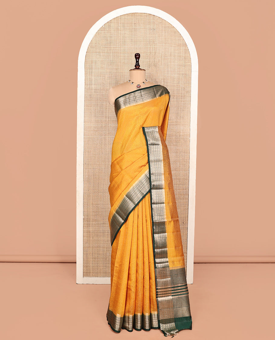 Yellow Semi-Banarasi Dupion Saree, Gleamed Up with Zari Checks, a Contrast Traditional Zari Design Border, Striped Pallu, and a Contrast Blouse