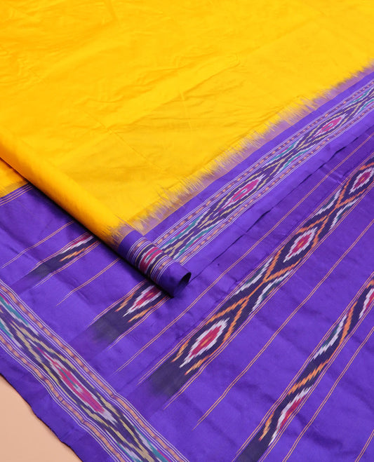 Bright Yellow Plain Ikkat Silk Saree with a Contrast Violet Border Dazzled by a Hazy Ikkat Weave, Featuring a Pallu Flanked by Stripes and Ikkat Texture