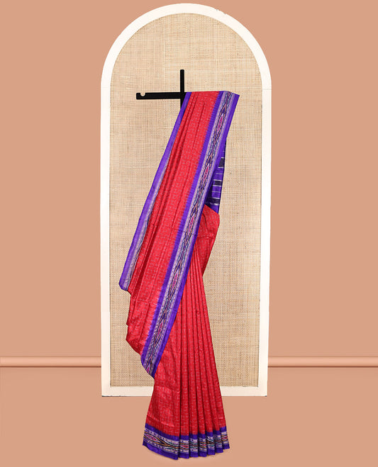 Red Pochampally Ikat Silk Saree, Decked with Geometric Design, Complemented by a Contrast Ikat Border, Ikat-Style Pallu, and No Blouse