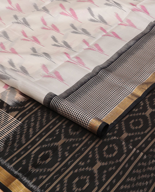 Cream leaf motifs pure ikkat saree, contrast micro-checked border & ikkat geometric patterned pallu