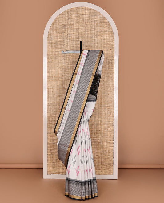 Cream leaf motifs pure ikkat saree, contrast micro-checked border & ikkat geometric patterned pallu