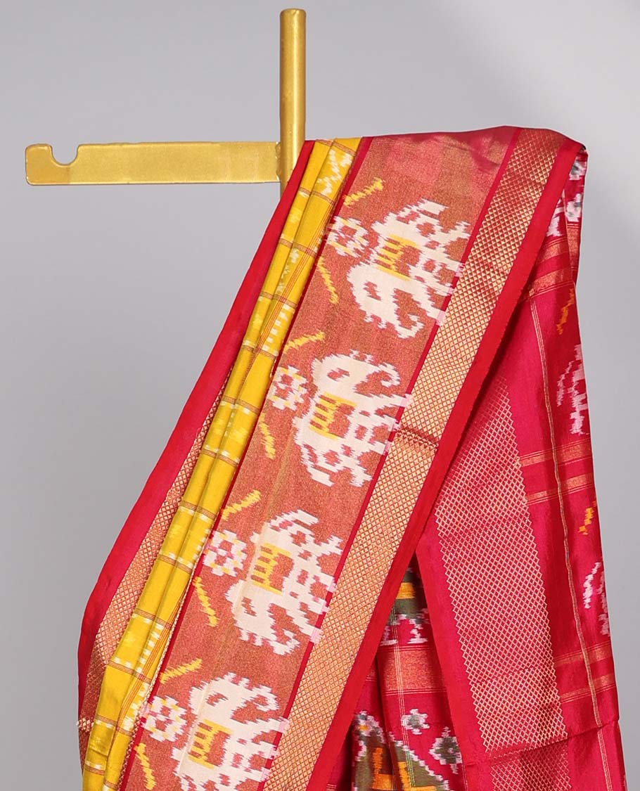 Yellow checked ikkat silk saree with contrast motifs border & striped, animal motifs pallu