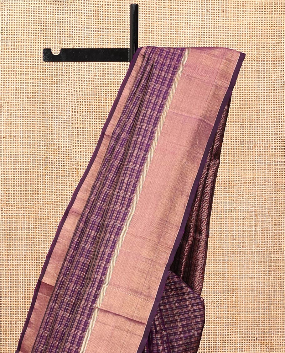 Purple Checked Kanchipuram Silk Saree, Highlighted by a Zari Border, Grand Jaal Pallu, and Matching Blouse