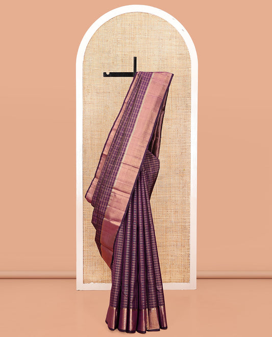 Purple Checked Kanchipuram Silk Saree, Highlighted by a Zari Border, Grand Jaal Pallu, and Matching Blouse