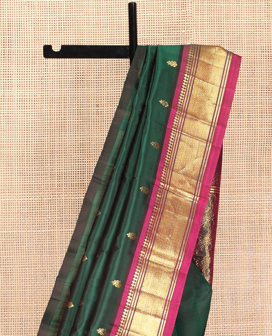 Green Kanchipuram Silk Saree, Enthralled with Zari Buttas, Contrast Border of Paneer Sombu, Banaras, and Jaal, Pallu of Floral Creeper Design, and No Blouse