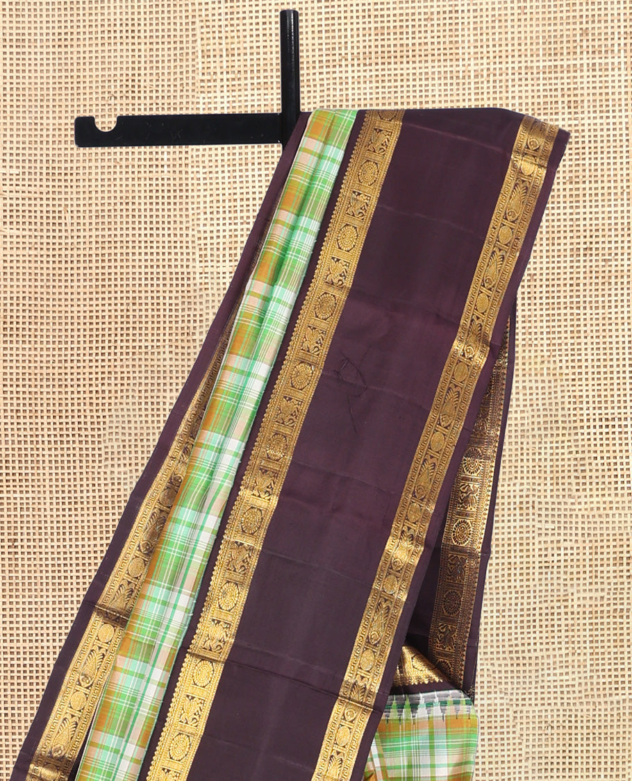 Green Checked Kanchipuram Silk Saree, a Contrast Rettai Pettu Temple Border of Chakram and Kuthirai Designs, Traditional Pallu, and Contrast Blouse