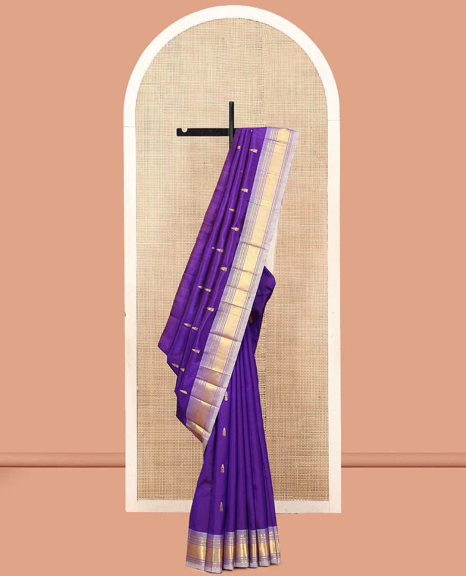 Violet Kanchipuram Silk Saree, Crafted with Zari Buttas, a One-Sided Border of Panner Sombu, Banaras, Muthu, and Mayil Kann Designs, a Zari Design Pallu, and No Blouse