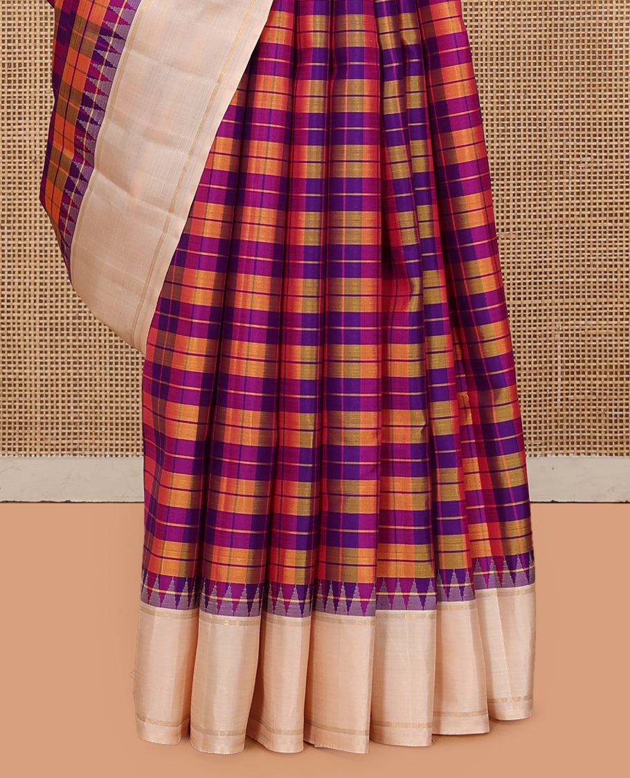 Multi-Color Checked Kanchipuram Silk Saree, Complemented by a Contrast Bodi Thazampoo Rekku Border, Zari Striped Pallu, and a Contrast Blouse