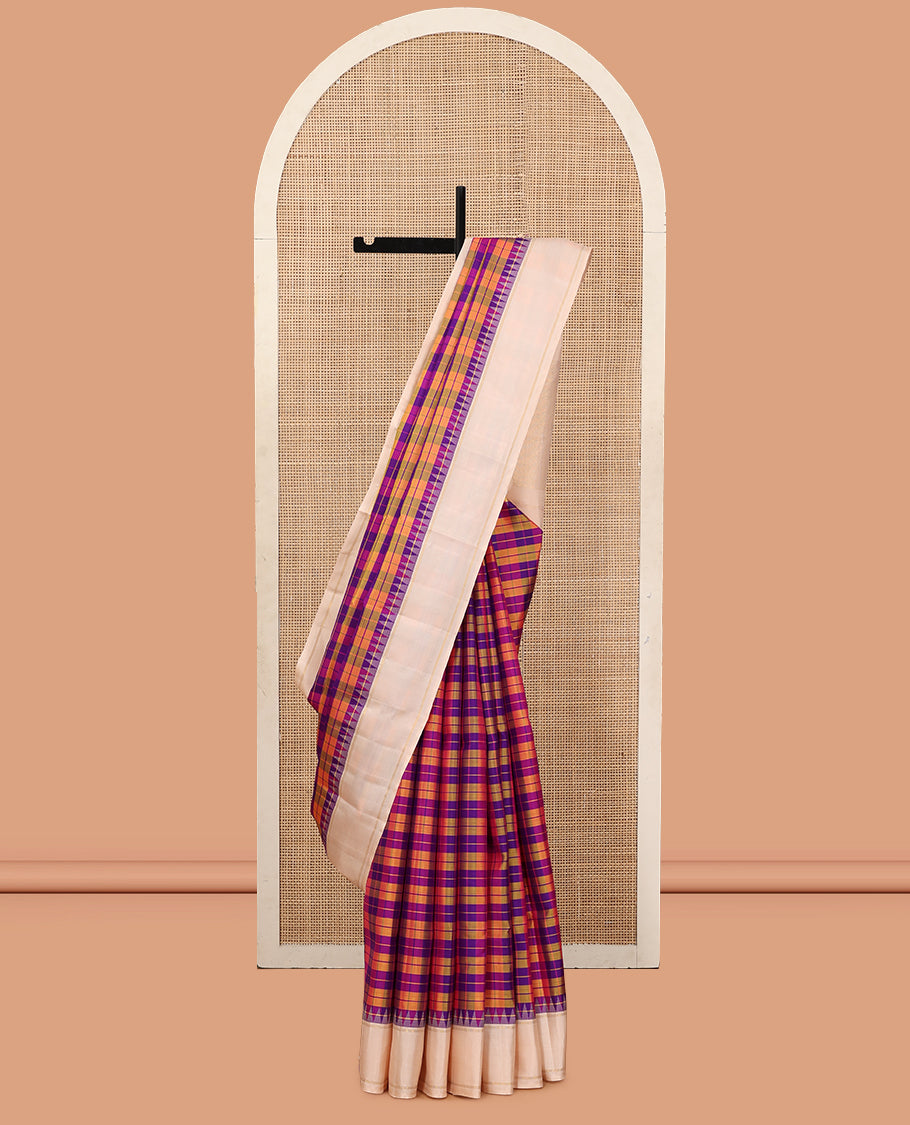 Multi-Color Checked Kanchipuram Silk Saree, Complemented by a Contrast Bodi Thazampoo Rekku Border, Zari Striped Pallu, and a Contrast Blouse