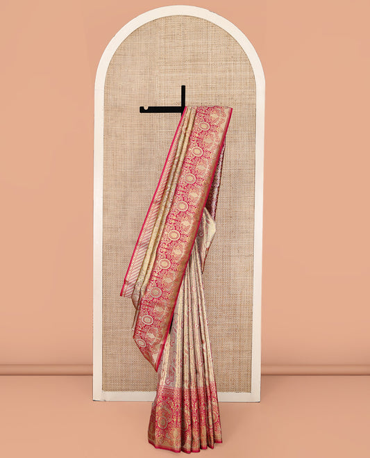 Grey Kanchipuram Tissue Silk Saree, Opulently Embellished with Jacquard Design On Its Body, Complemented by Contrast Mughal-style Intricately Woven Border, Grand Pallu and Paired with a Contrast Blouse