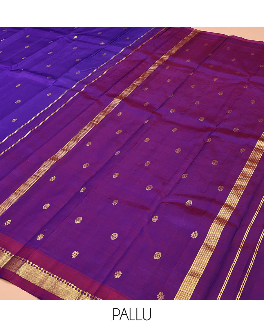 Blue Kanchipuram Silk Saree, Elevated with Zari Buttas, Complemented by a Contrast One-Sided Border, Zari Design Pallu, and No Blouse