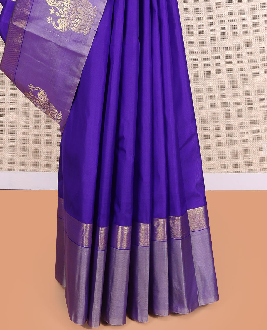 Blue Kanchipuram Silk Saree, Woven with Goddess Lakshmi Buttas, a Contrast Goddess Lakshmi Border, Goddess Lakshmi Pallu, and a Contrast Blouse