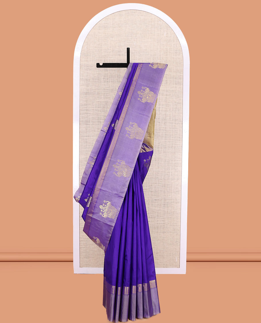 Blue Kanchipuram Silk Saree, Woven with Goddess Lakshmi Buttas, a Contrast Goddess Lakshmi Border, Goddess Lakshmi Pallu, and a Contrast Blouse