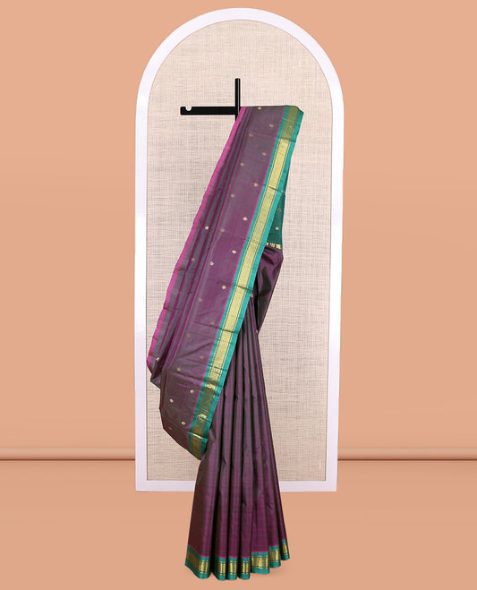 Wine Kanchipuram Silk Saree, Woven with Zari Buttas, a Contrast One-Sided Border of  Banaras, and Mayil Kann Designs, Zari Design Pallu, and No Blouse