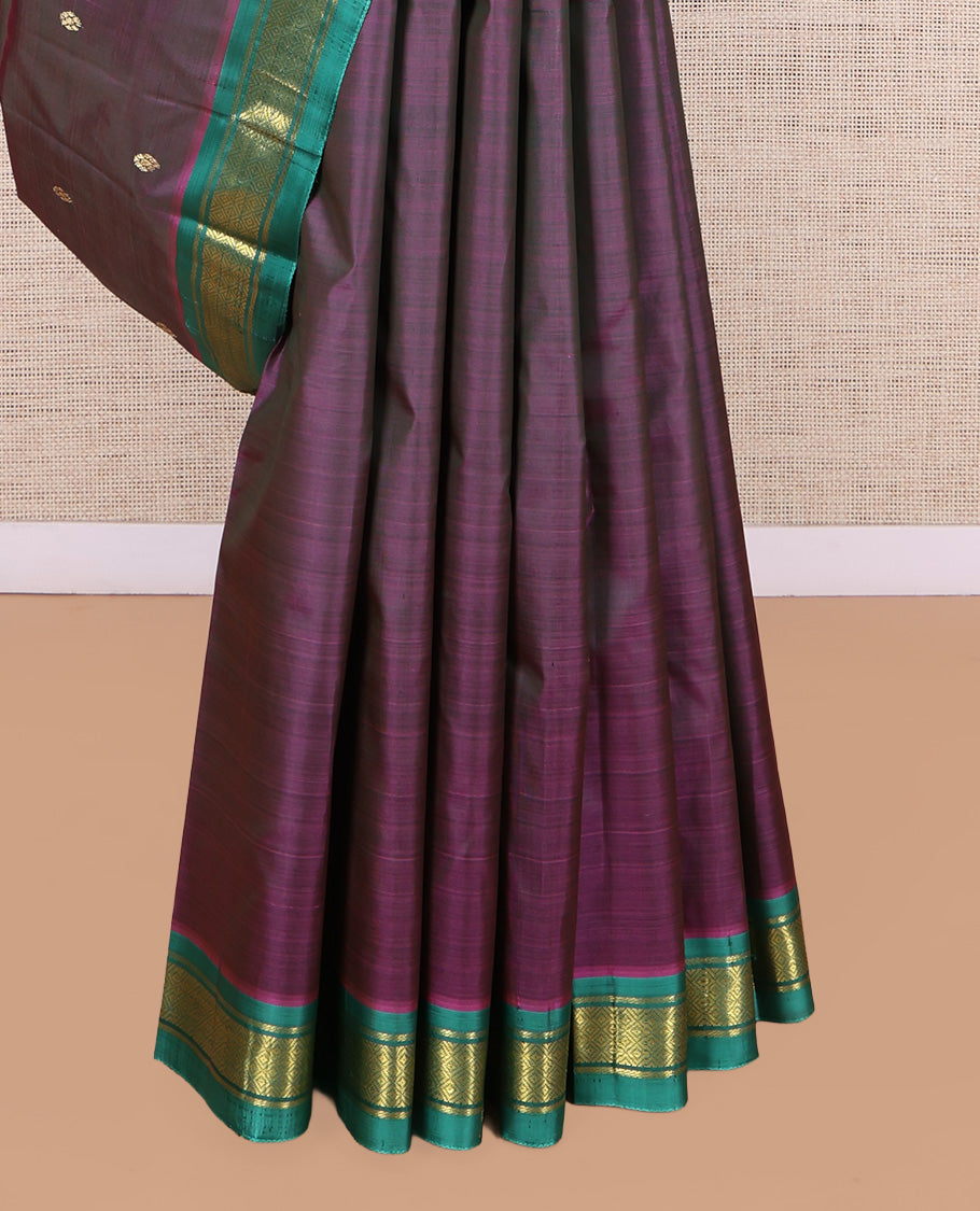 Wine Kanchipuram Silk Saree, Woven with Zari Buttas, a Contrast One-Sided Border of  Banaras, and Mayil Kann Designs, Zari Design Pallu, and No Blouse