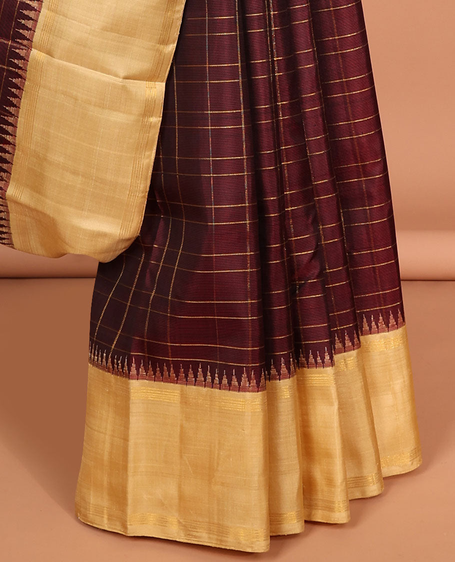maroon checked kancheepuram silk saree, contrast temple zari border & striped zari design pallu