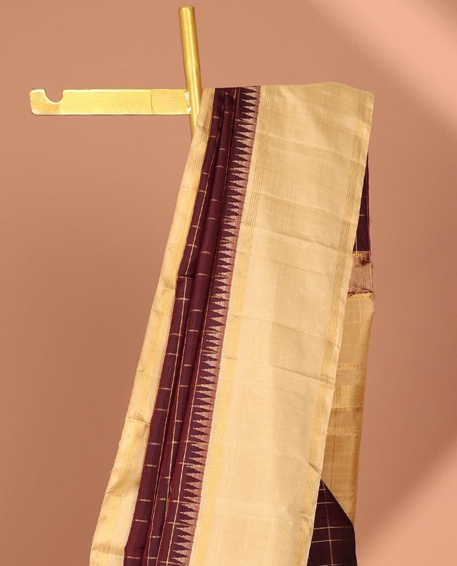 maroon checked kancheepuram silk saree, contrast temple zari border & striped zari design pallu