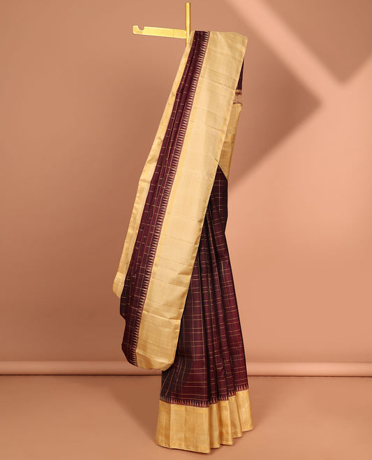 maroon checked kancheepuram silk saree, contrast temple zari border & striped zari design pallu