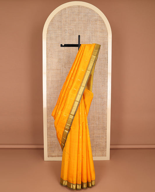 orange buttas kancheepuram silk saree with contrast intricate zari design border & floral design pallu