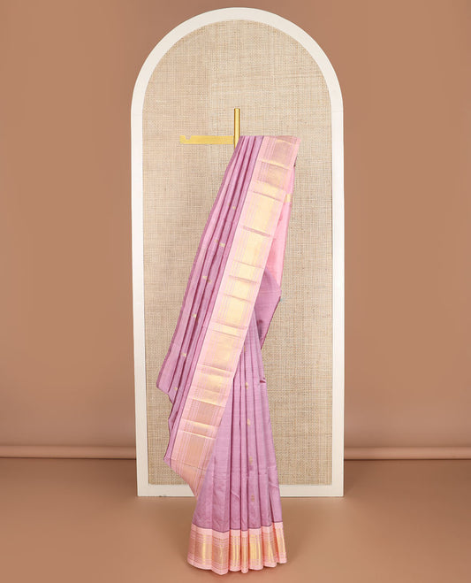 Pink zari buttas kanchipuram silk saree, contrast one-sided border of paneer sombu,banaras,muthu & jaal design & zari design pallu