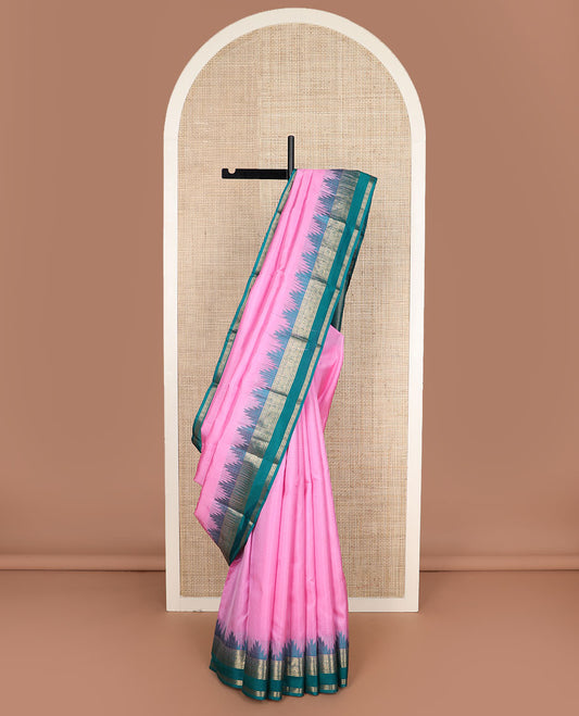 Pink vazhaipoo striped Kanchipuram silk saree , contrast thazampoo rekku rettai pettu border of kodi visiry designs & diagonal zari striped pallu