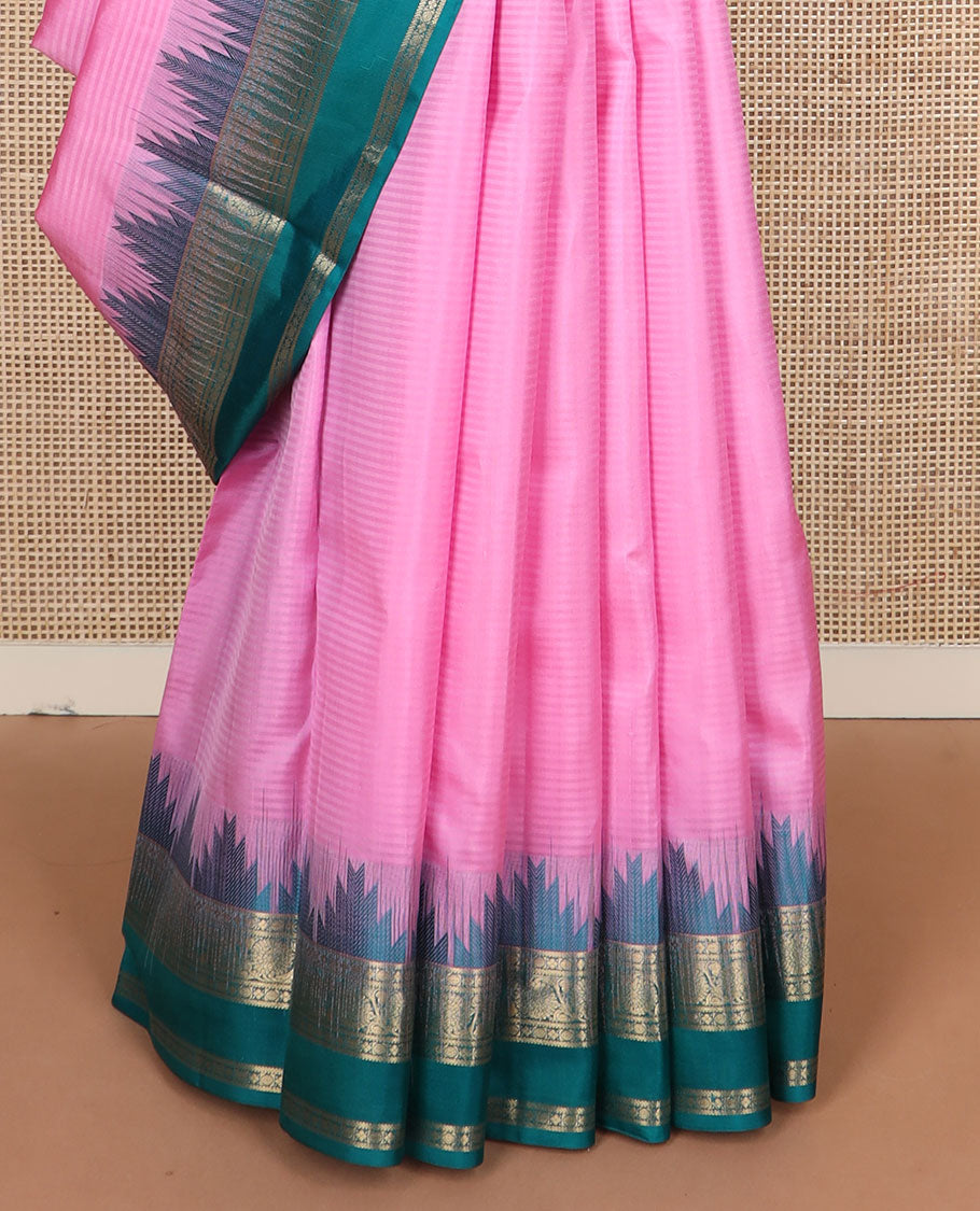 Pink vazhaipoo striped Kanchipuram silk saree , contrast thazampoo rekku rettai pettu border of kodi visiry designs & diagonal zari striped pallu