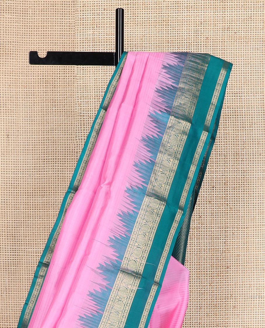 Pink vazhaipoo striped Kanchipuram silk saree , contrast thazampoo rekku rettai pettu border of kodi visiry designs & diagonal zari striped pallu