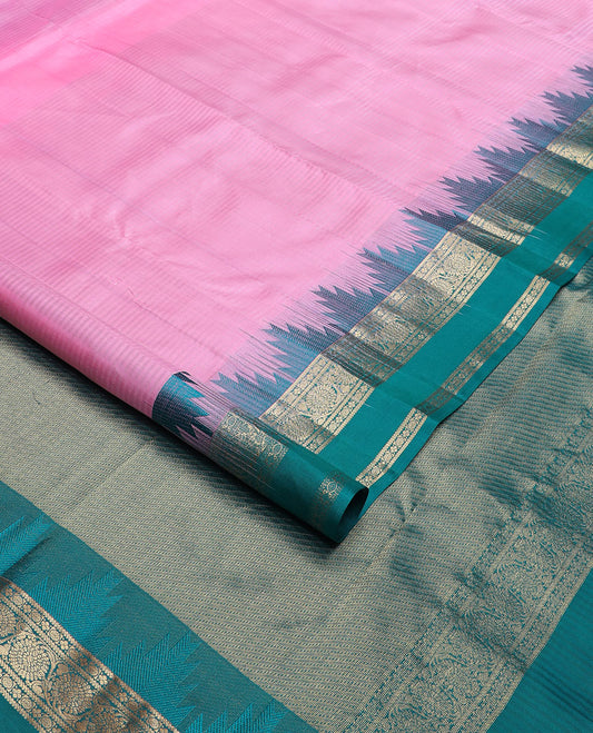 Pink vazhaipoo striped Kanchipuram silk saree , contrast thazampoo rekku rettai pettu border of kodi visiry designs & diagonal zari striped pallu