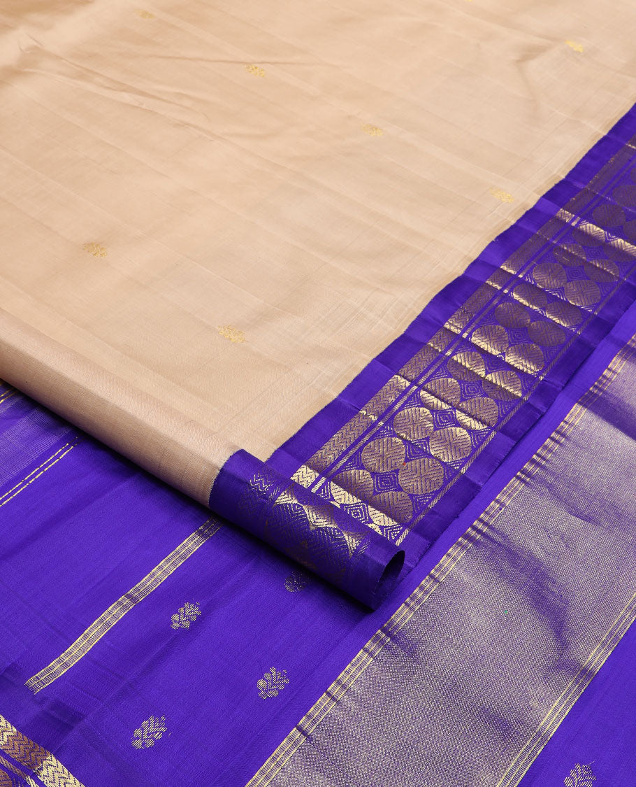 Sandal zari buttas Kanchipuram silk saree, contrast korvai border of vanki, banaras & poun design & zari design pallu