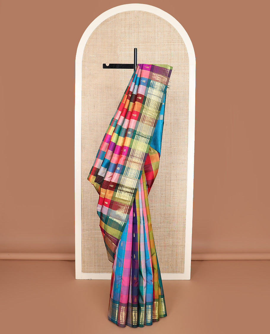 Multi-color checked and zari buttas Kanchipuram silk saree, one-sided border of thilakam mokku, banaras, muthu, and jaal and zari design pallu