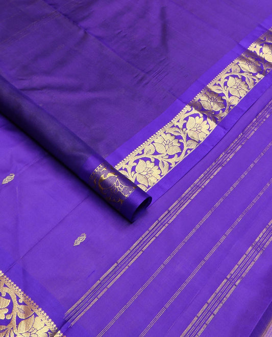 Blue zari buttas Kanchipuram silk saree, contrast border of salngai, banaras, and kodi visiry designs, and zari design pallu
