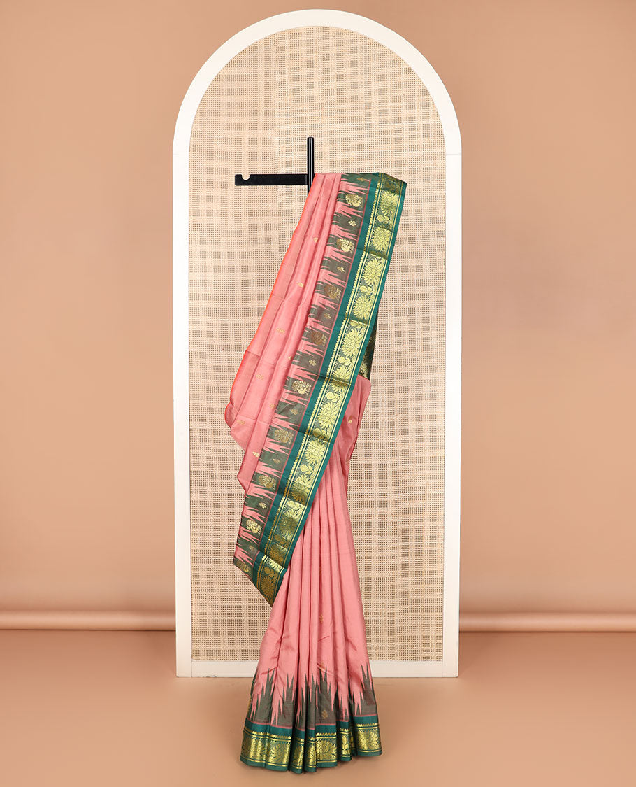 Pink zari buttas Kanchipuram silk saree,  contrast thazampoo rekku border of salngai, and kamalam designs, and intricate pallu