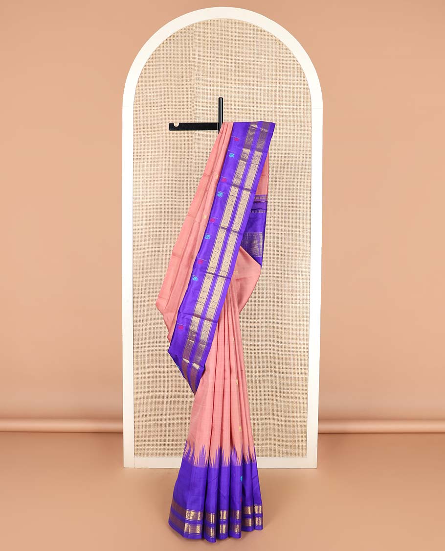 Peach zari buttas Kanchipuram silk saree, contrast one-sided thazampoo rekku border of thread mayil motifs and zari rettai pettu design, and zari design pallu