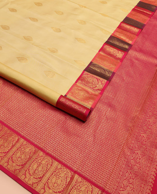 Sandal zari buttas Kanchipuram silk saree, contrast border of kili buttas enclosed manga designs, and manga enclosed checks