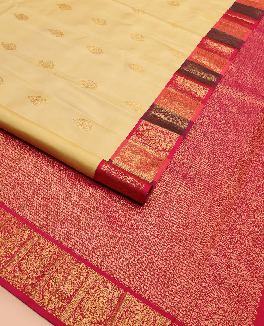 Sandal zari buttas Kanchipuram silk saree, contrast border of kili buttas enclosed manga designs, and manga enclosed checks