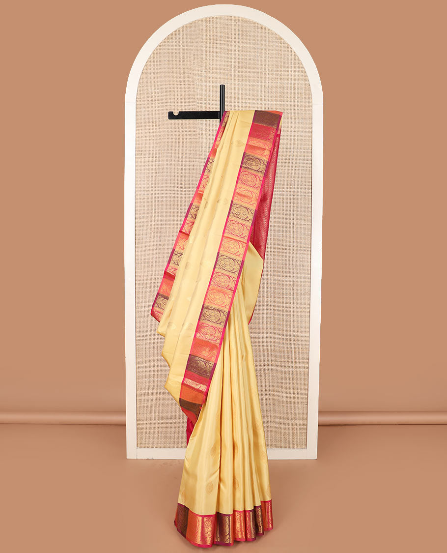 Sandal zari buttas Kanchipuram silk saree, contrast border of kili buttas enclosed manga designs, and manga enclosed checks