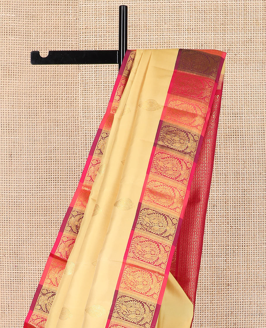Sandal zari buttas Kanchipuram silk saree, contrast border of kili buttas enclosed manga designs, and manga enclosed checks
