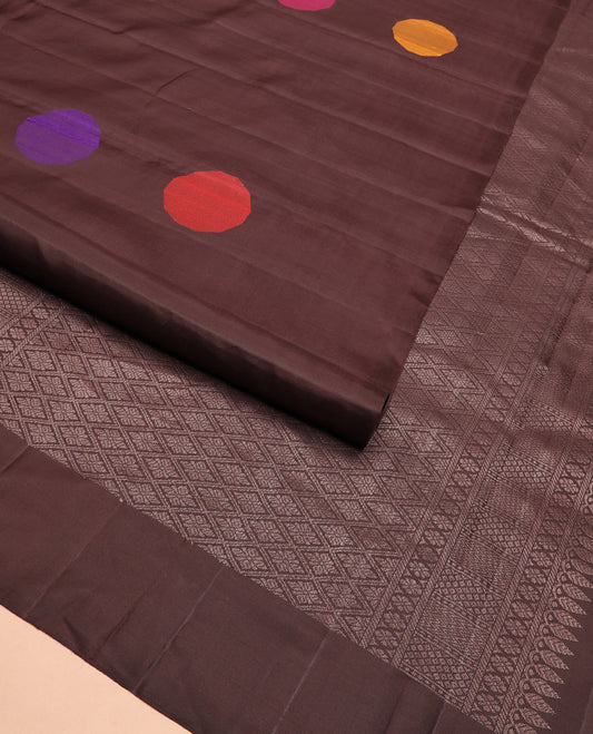 Borderless brown multi-colored resham buttas Kanchipuram silk saree, self-pallu of thilakam mokku, kamalam, mayil kann, vanki and jaal designs