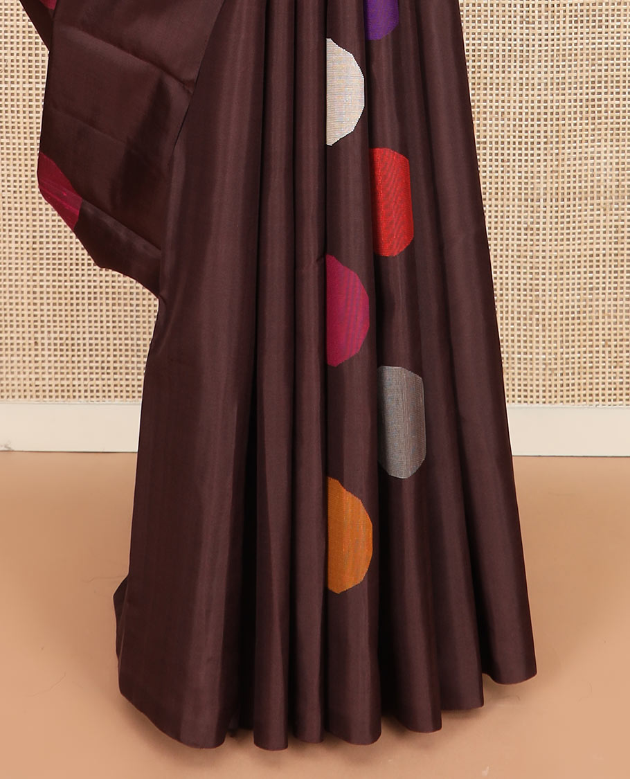 Borderless brown multi-colored resham buttas Kanchipuram silk saree, self-pallu of thilakam mokku, kamalam, mayil kann, vanki and jaal designs