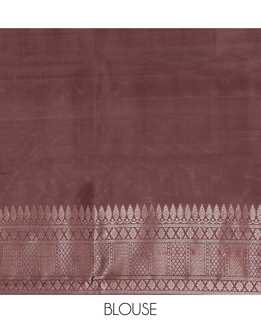 Borderless brown multi-colored resham buttas Kanchipuram silk saree, self-pallu of thilakam mokku, kamalam, mayil kann, vanki and jaal designs