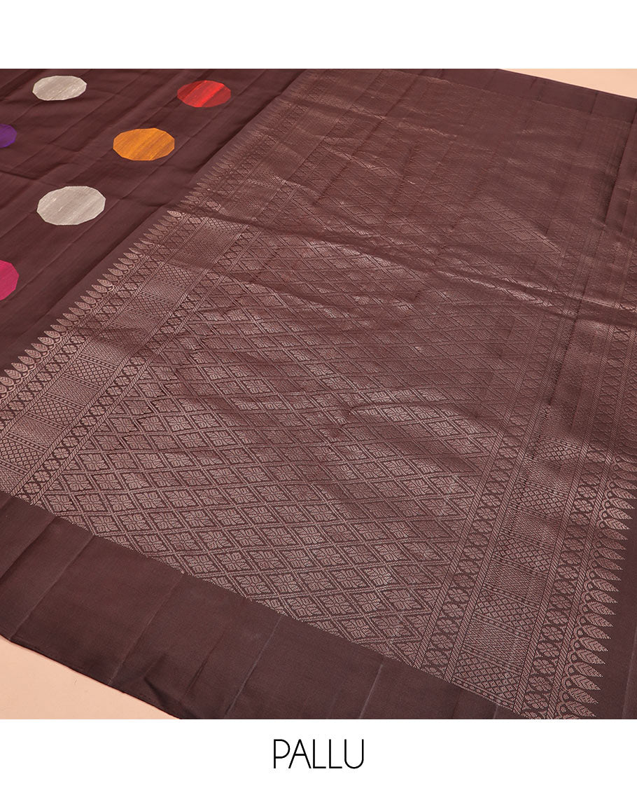 Borderless brown multi-colored resham buttas Kanchipuram silk saree, self-pallu of thilakam mokku, kamalam, mayil kann, vanki and jaal designs