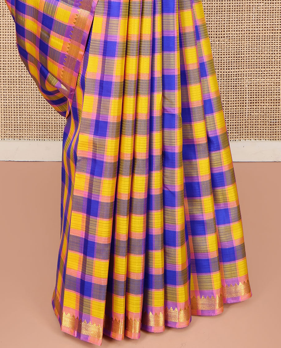Multi-Color Kanchipuram Silk Saree, Vibrantly Woven with Pazhum Palamum-Style Checks, Subtle Self-Border of Temple Designs, Subtly Zari Striped Pallu, and Paired with a Contrast Blouse