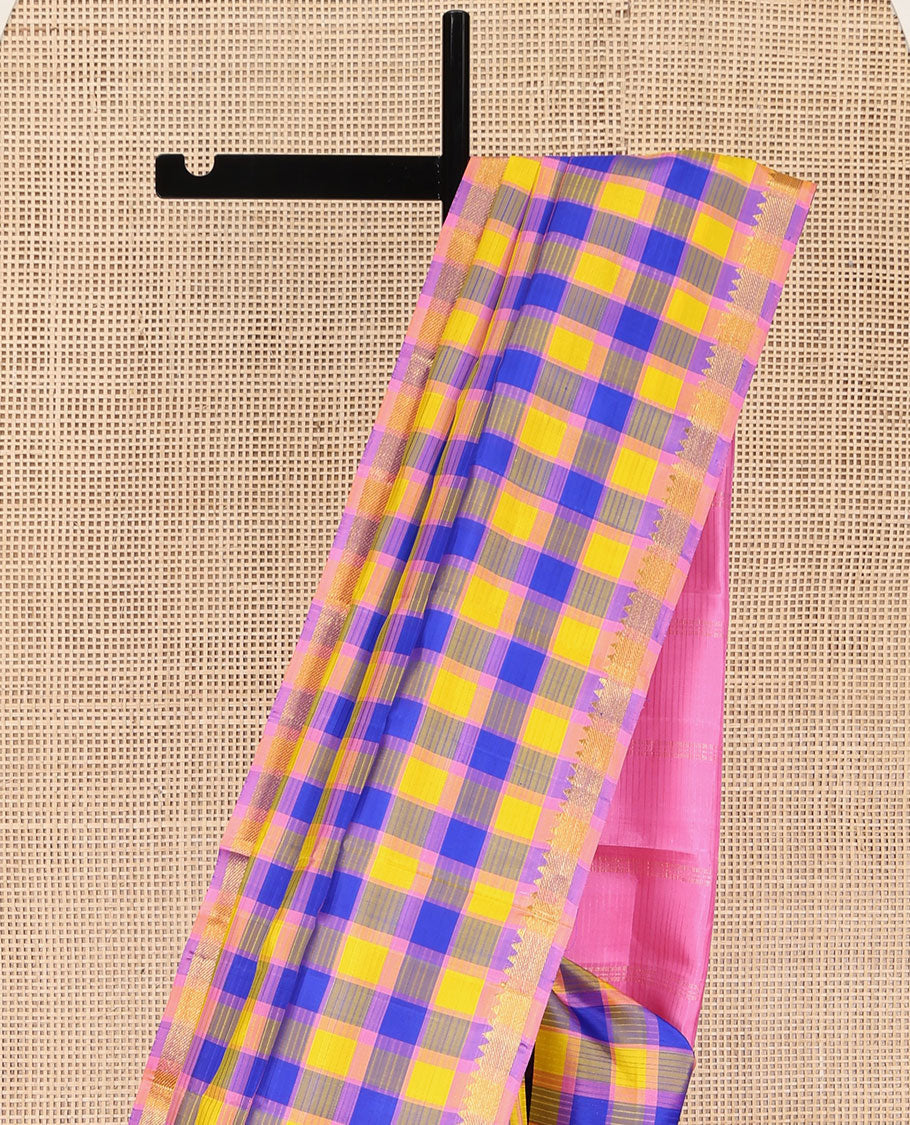 Multi-Color Kanchipuram Silk Saree, Vibrantly Woven with Pazhum Palamum-Style Checks, Subtle Self-Border of Temple Designs, Subtly Zari Striped Pallu, and Paired with a Contrast Blouse