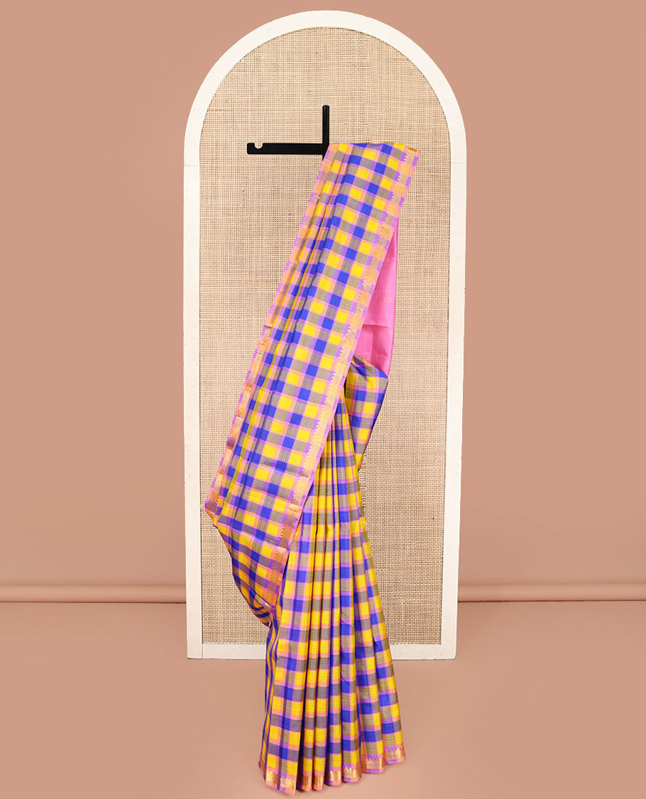 Multi-Color Kanchipuram Silk Saree, Vibrantly Woven with Pazhum Palamum-Style Checks, Subtle Self-Border of Temple Designs, Subtly Zari Striped Pallu, and Paired with a Contrast Blouse