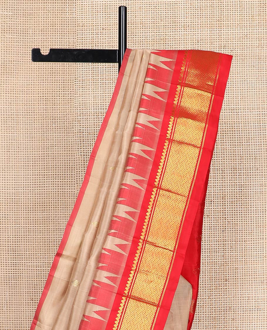 Sandal zari buttas kanchipuram silk saree, contrast one-sided thazampoo rekku border of salngai,banaras & jaal & zari design pallu