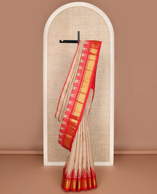 Sandal zari buttas kanchipuram silk saree, contrast one-sided thazampoo rekku border of salngai,banaras & jaal & zari design pallu