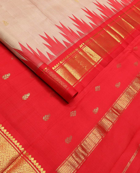 Sandal zari buttas kanchipuram silk saree, contrast one-sided thazampoo rekku border of salngai,banaras & jaal & zari design pallu