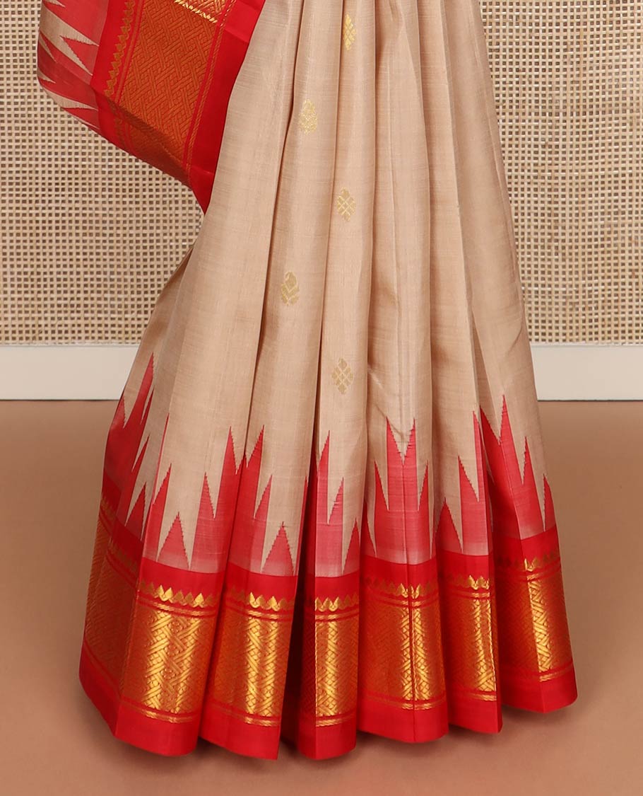 Sandal zari buttas kanchipuram silk saree, contrast one-sided thazampoo rekku border of salngai,banaras & jaal & zari design pallu