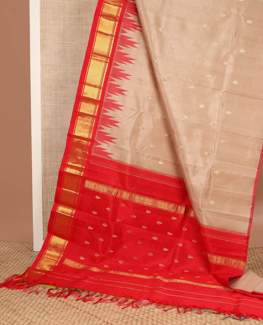 Sandal zari buttas kanchipuram silk saree, contrast one-sided thazampoo rekku border of salngai,banaras & jaal & zari design pallu